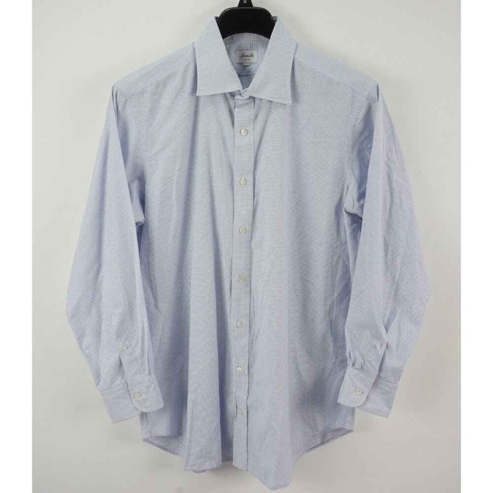 Hamilton Men 17-33 XL Blue White Mini Check Soft Twill Cotton Spread Dress Shirt